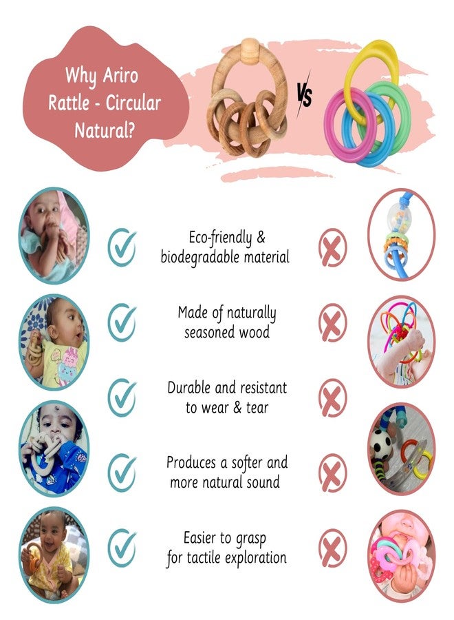 Ariro Toys Wooden Circular Rattles - Perfect Rattle Set for Babies 1-6 Months | Safe | Smooth Rattle Toys for Newborns | Eco-Friendly Toy | Anti-Bacterial | Handcrafted - Image 2